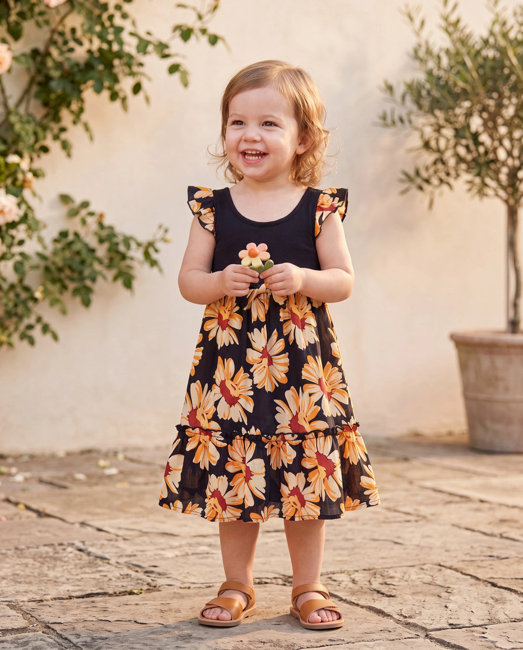 Toddler/Kid Girl Set Floral Sleeveless Strappy Dress Black