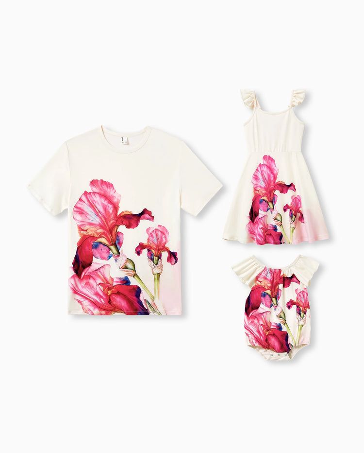 Daddy & Daughter Casual Outfit Floral Print T-shirt or Halter Dress Summer Set for Vacation Apricot