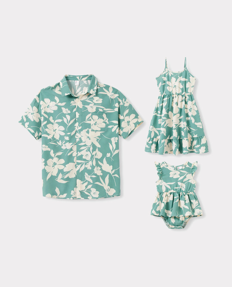 Daddy & Daughter Leaf Print Green Short-sleeve Shirt or Sling Shirred Dress Set Green