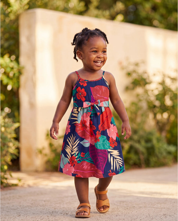 Toddler/Kid Girl Sets Floral V-neck Strap Dress with Hidden Snap Deep Blue