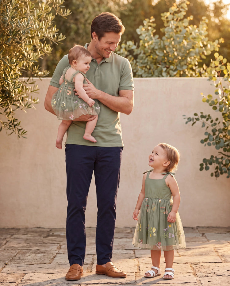 Daddy & Daughter Polo Collar Short-sleeve Shirt or V-neck Strappy Mesh Dress Green