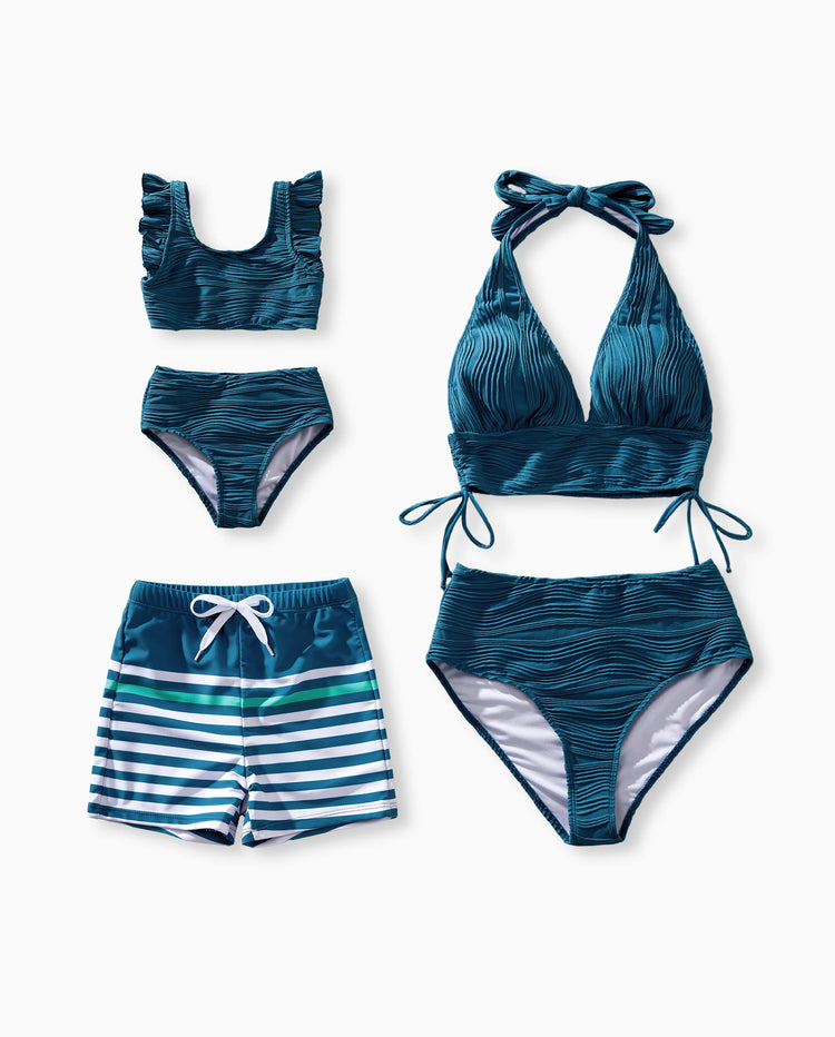 Mommy & me Teal Striped Swimsuits Ruched Bikini & Swim Trunks Set Multi-color
