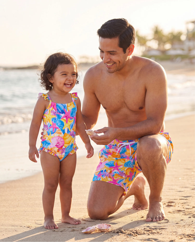 Daddy & Daughter Seashell & Starfish Print Swimsuits Ruched One-Piece & Swim Trunks Set Multi-color