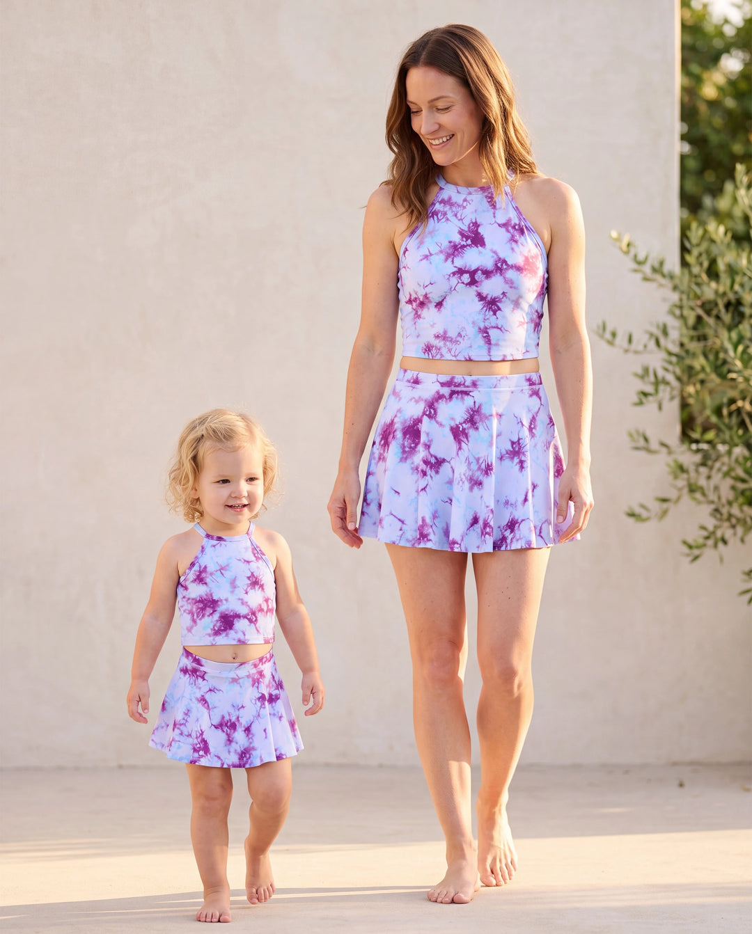 Matching Mommy and Me Tie Dye Skirt Set Halter Crop Top & Flowy Skirt Outfit, Cute Summer Twinning Looks for Vacation & Photos Purple