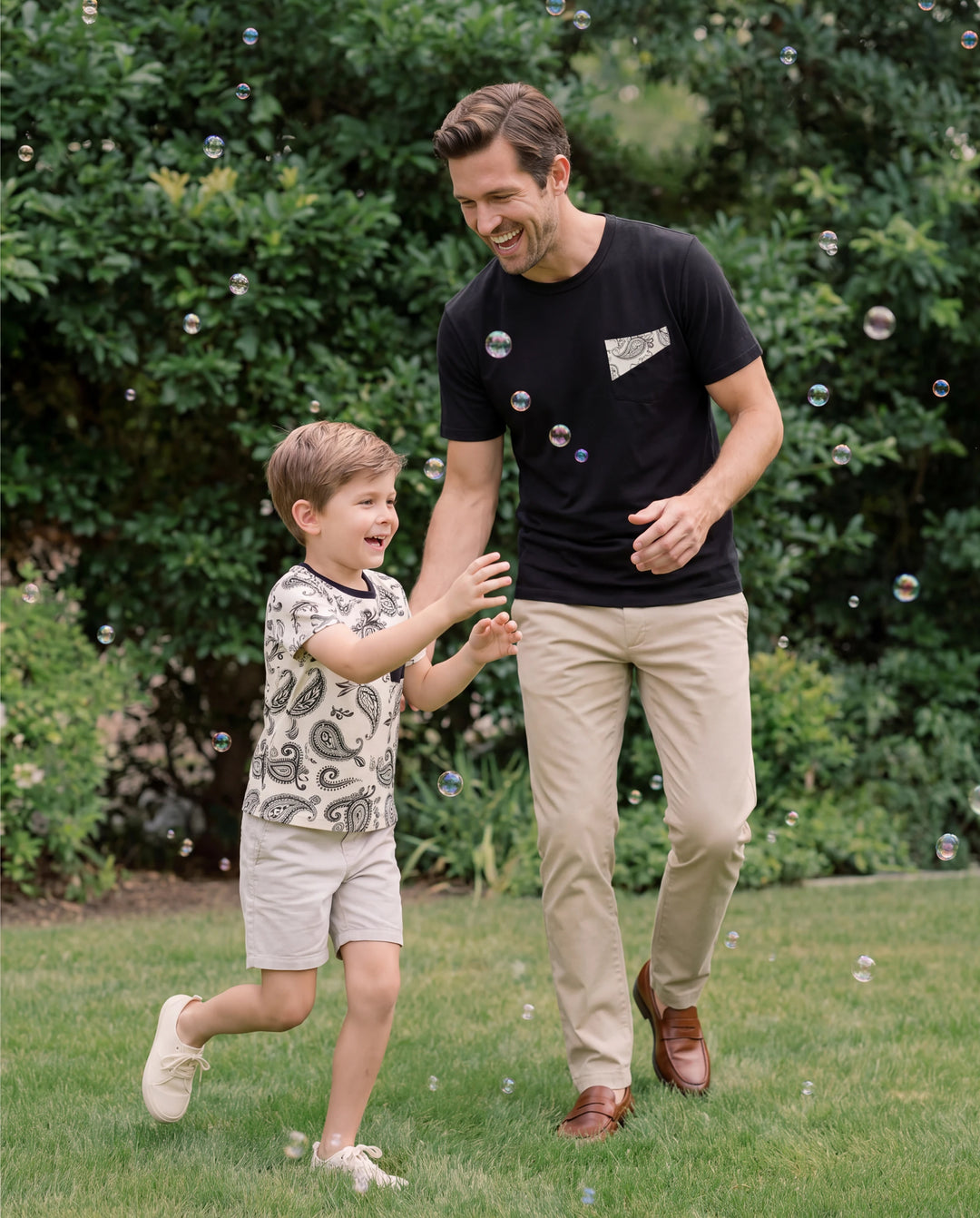 Daddy & Son Paisley Print Outfits Sleeveless Spaghetti Strap Dress & Cotton T-Shirt for Mom, Dad, & Kids Perfect for Family Outings & Photos Black