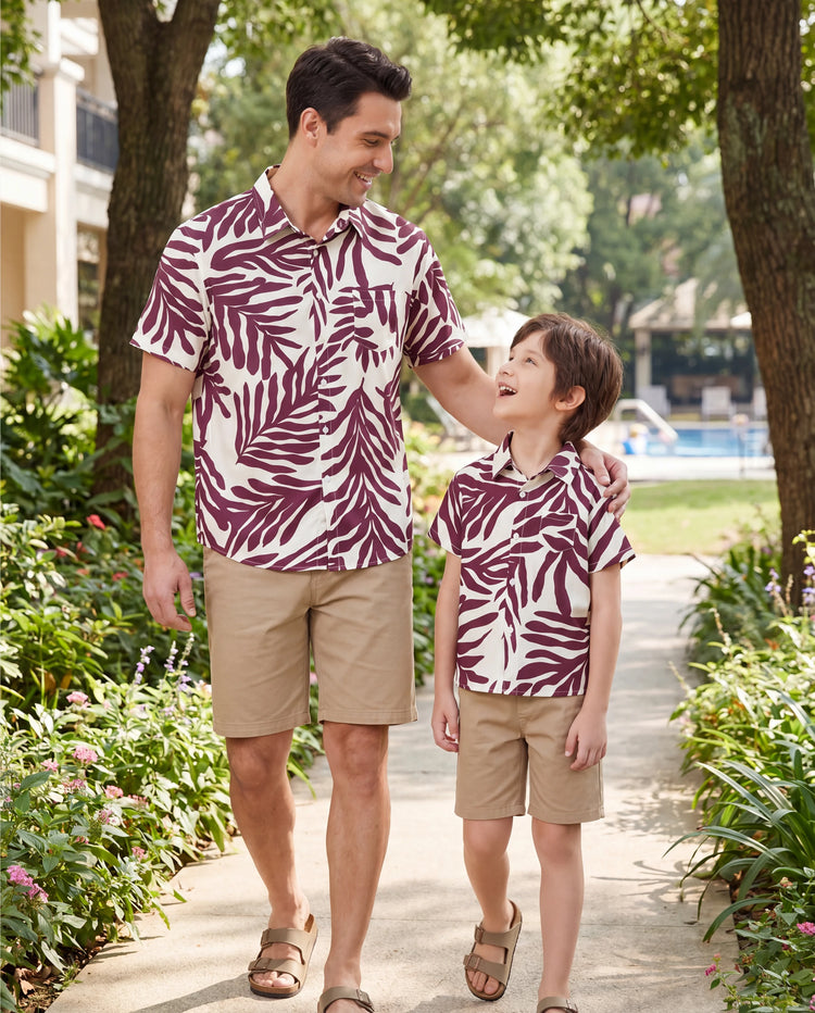 Daddy & Son Outfits Red Leaf Print Shirts for Hawaii/Cruise/Resort/Casual Wear White