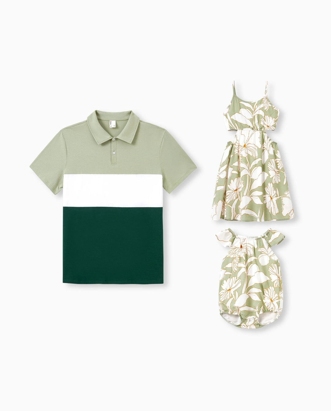 Daddy & Daughter Outfits Tropical Floral Print Strap Dress or Short-sleeve Colorblock Shirts Set Pale Green