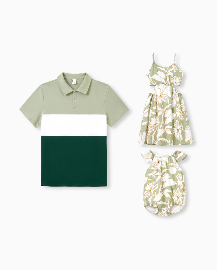Daddy & Daughter Outfits Tropical Floral Print Strap Dress or Short-sleeve Colorblock Shirts Set Pale Green