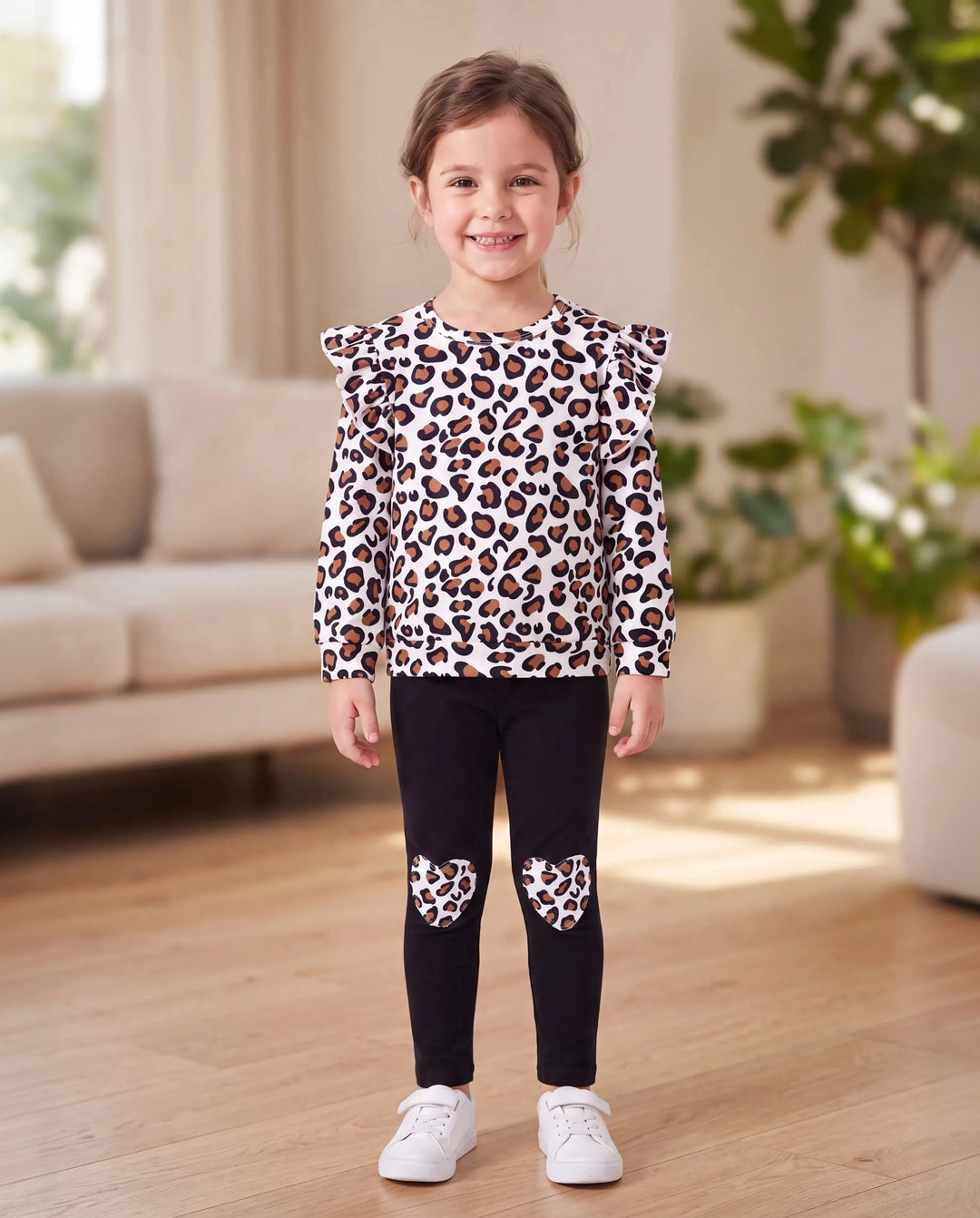 2-piece Toddler Girl Leopard Print Flutter Long-sleeve Top and Heart Pattern Pants Set Black