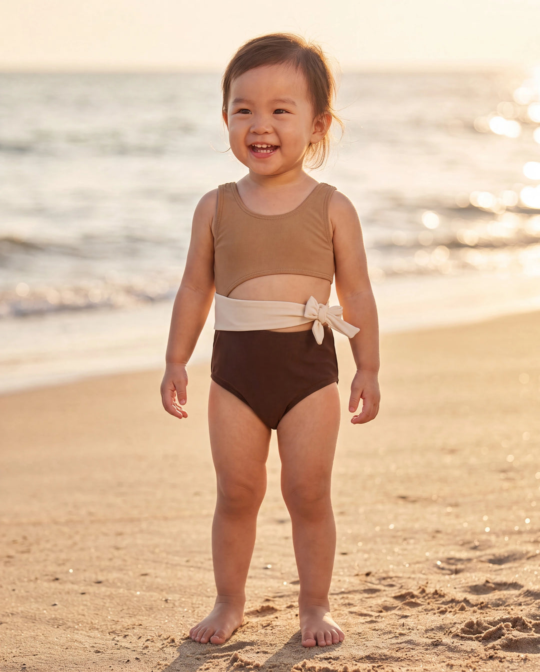 Maillots de bain bicolores pour fillettes, maillots de bain pour vacances d'été à la plage Café