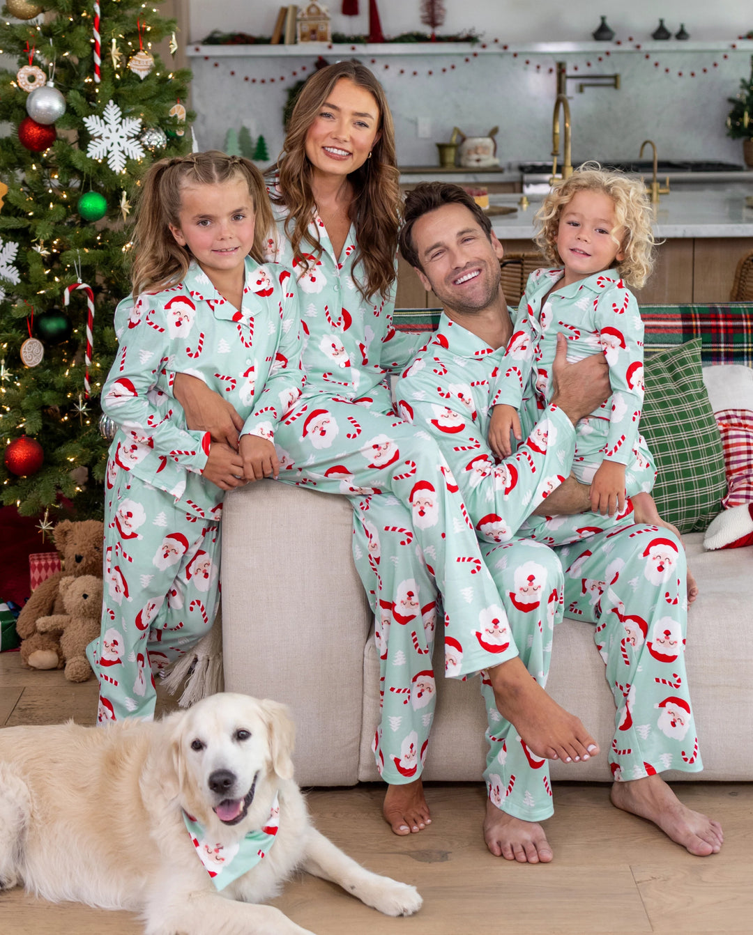 Christmas Matching Family Collared Pajamas Santa Claus Print Green