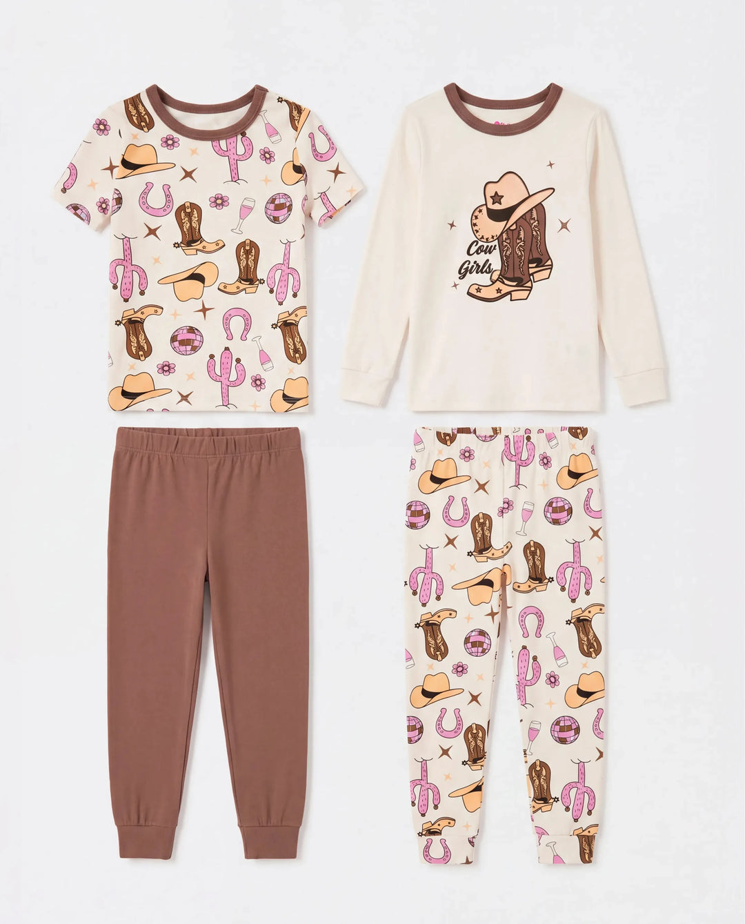 Toddler / Kids 4-piece Organic Cotton Pajamas 4-in 1 Snug fit PaJama Set for Girls Brown