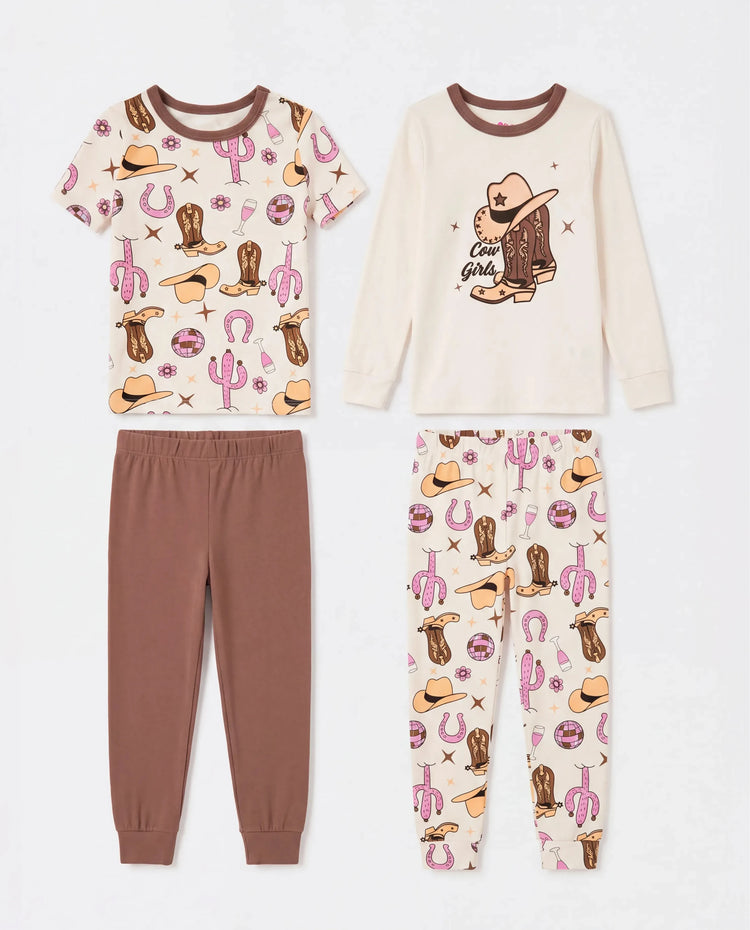 Toddler / Kids 4-piece Organic Cotton Pajamas 4-in 1 Snug fit PaJama Set for Girls Brown