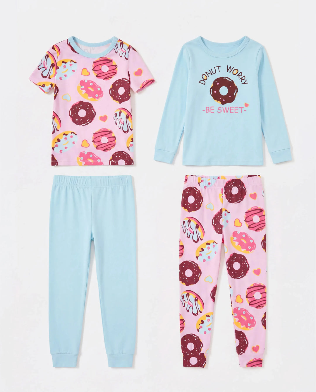 Pyjama 4 pièces en coton biologique pour tout-petits/enfants, ensemble 4 en 1 coupe ajustée pour filles, bleu clair