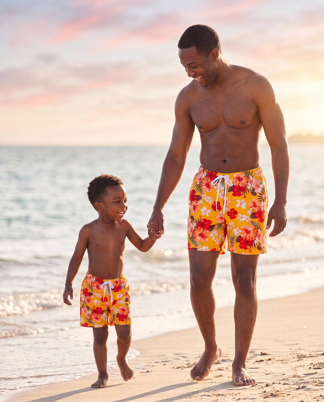 Shorts de bain à cordon et bas de maillot triangle à fleurs Papa & Fils Jaune