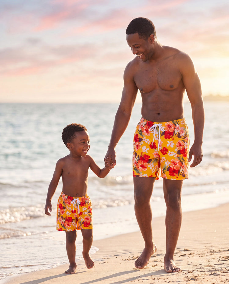 Shorts de bain à cordon et bas de maillot triangle à fleurs Papa & Fils Jaune