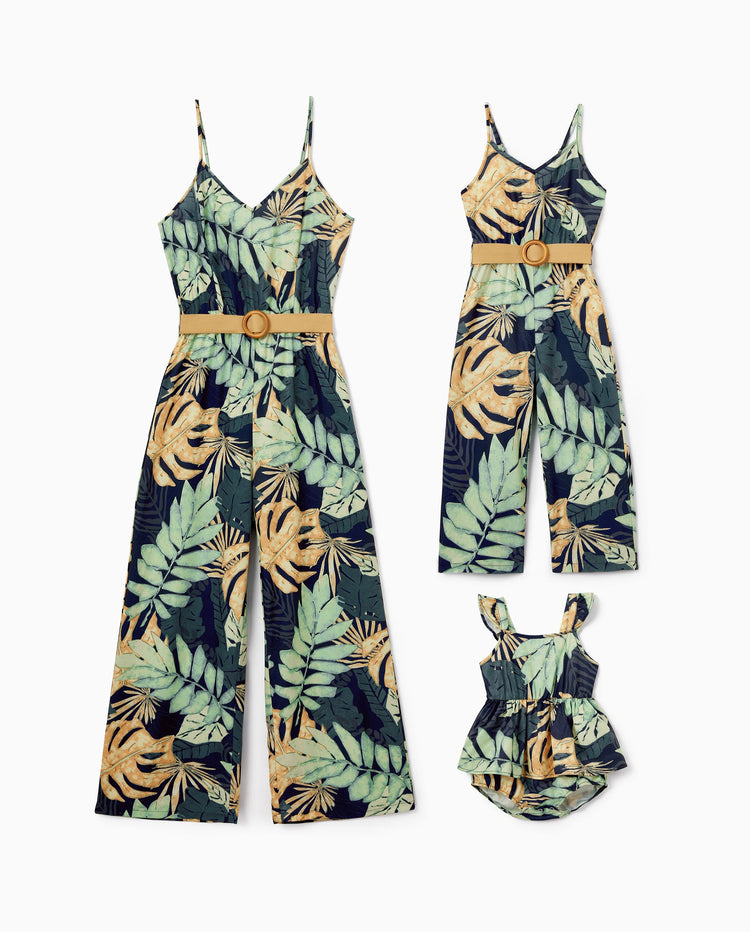 Mommy and Me Tropical Leaf Print Jumpsuit Set, Spaghetti Strap Belted Matching Outfits for Summer Beach Vacation Tibetan blue