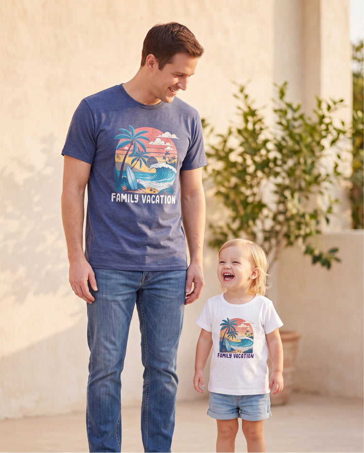 Camisetas de algodón con gráfico "Vacaciones en familia" para papá e hijo Camiseta con estampado tropical de surf Multicolor