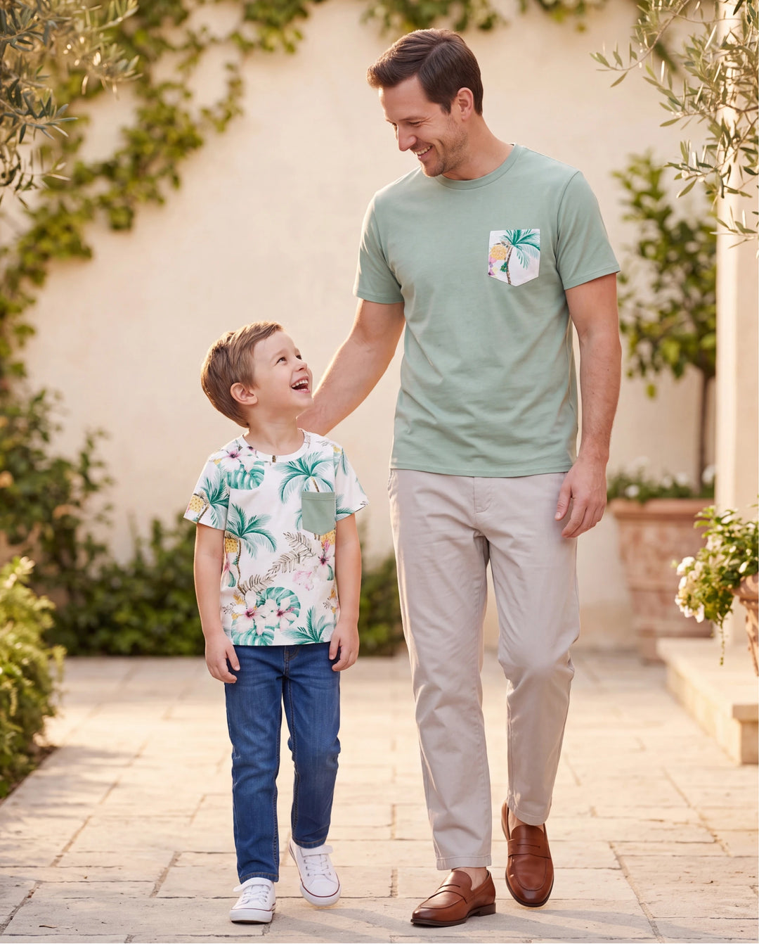 Conjuntos con estampado tropical para papá e hijo, conjunto de camiseta de algodón para papá e hijos Verde