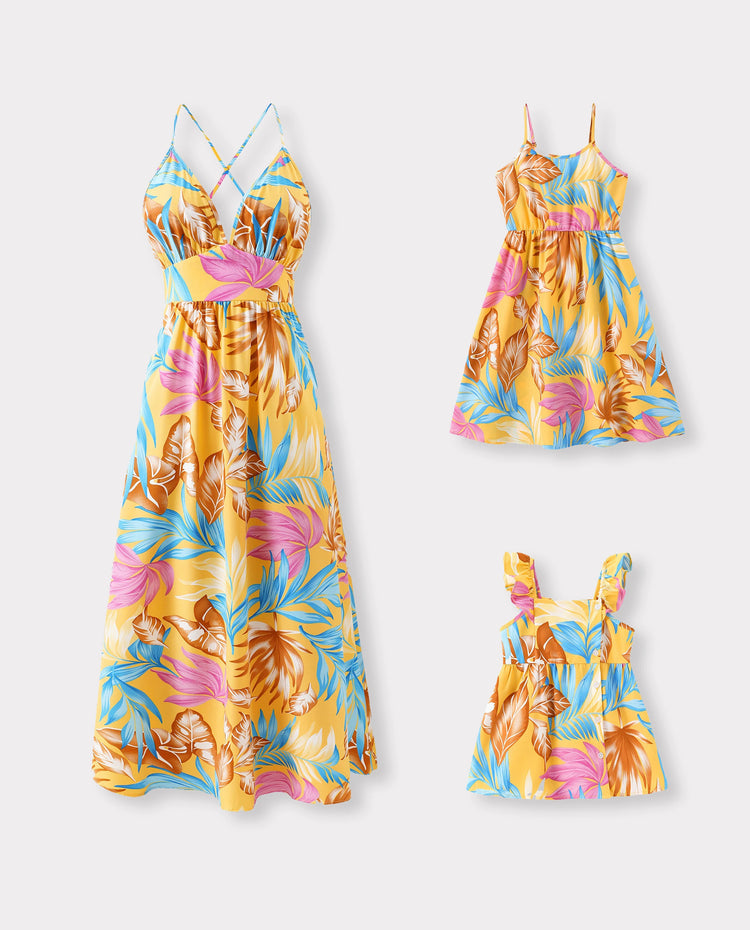 Mommy and Me Family Matching Yellow Set Tropical Leaf Print Short-sleeve Shirt or Strap Dress  Yellow