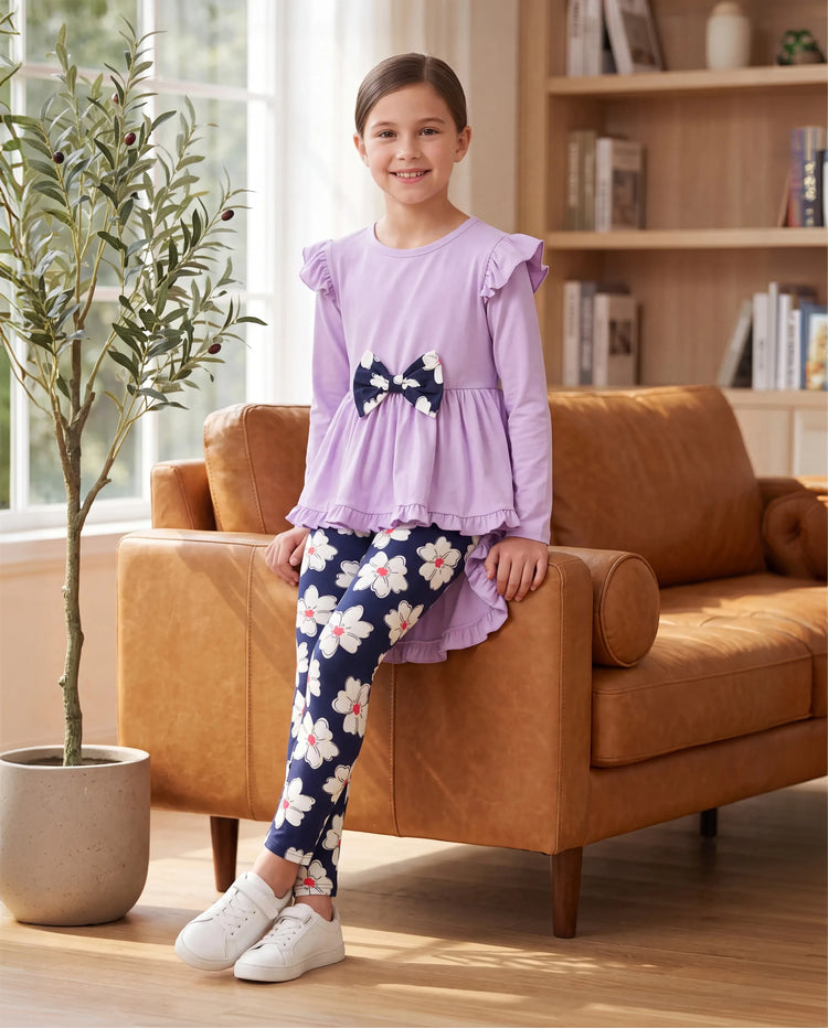 Ensemble 2 pièces pour fille, t-shirt à manches longues et volants avec nœud papillon et pantalon à imprimé floral violet clair