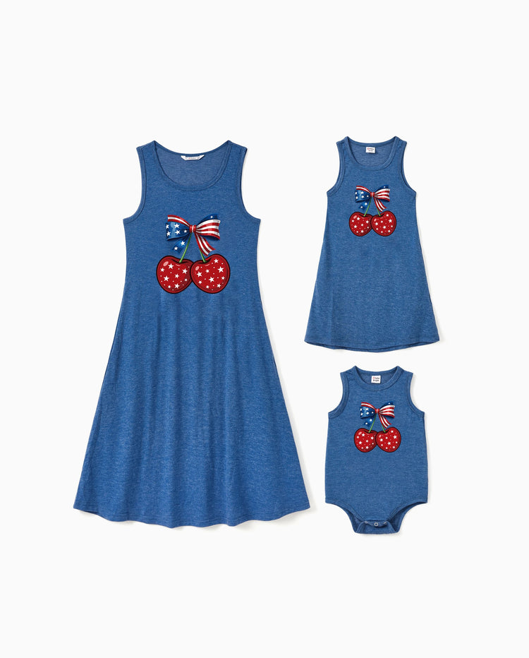 Independence Day Mommy and Me Patriotic Cherry Print Casual Sleeveless Dress Blue