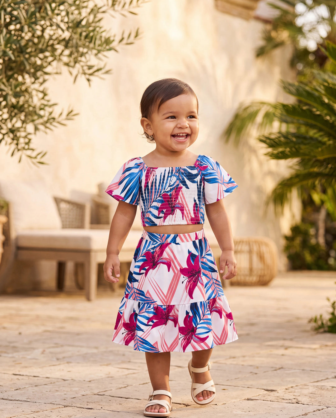 Tropisches Blumenmuster Kleinkinder/Mädchen Outfits, rosa-blaues Blattmuster Kurzarmhemd oder ein schulterfreies, gerafftes Oberteil und Rock Koordinationsset für Urlaub, Kreuzfahrt, Strand Weiß