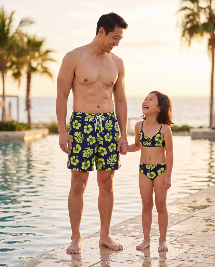 Daddy & Daughter Tropical Floral Swimsuits Halter Bikini & Swim Trunks Set Deep Blue