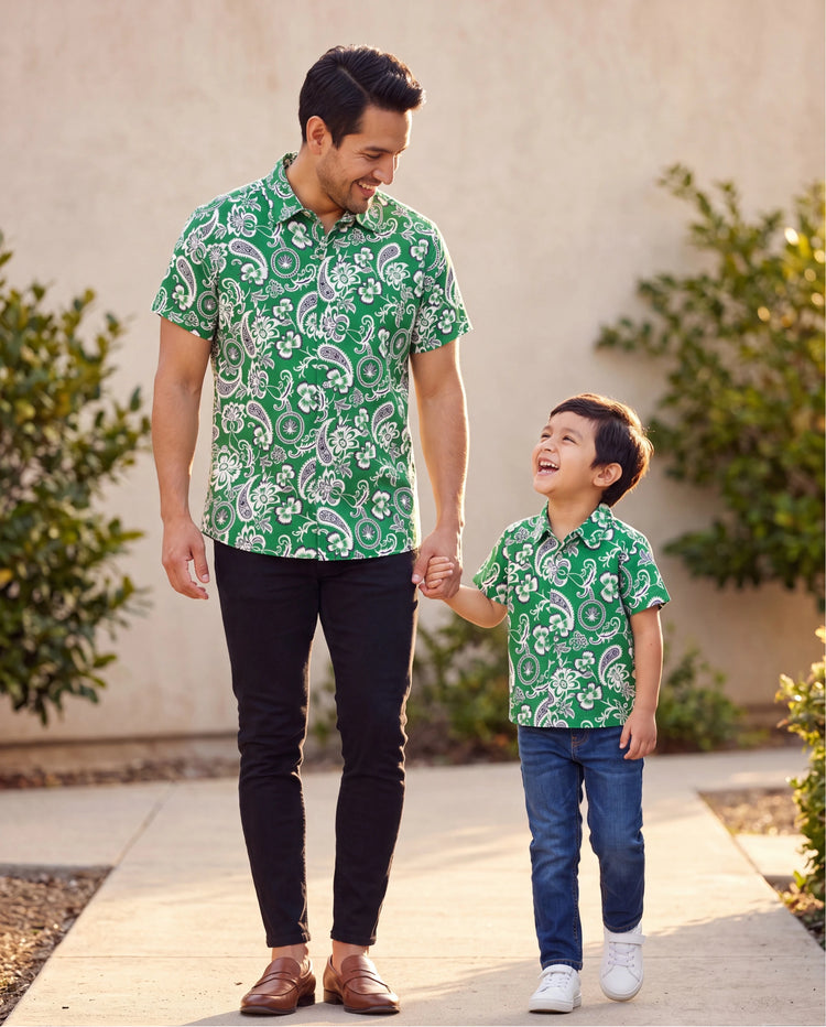 Daddy & Son Outfits Set Floral Print Short-sleeve Collar Shirt or Strappy Smocked  Dress for Summer Vacation Green