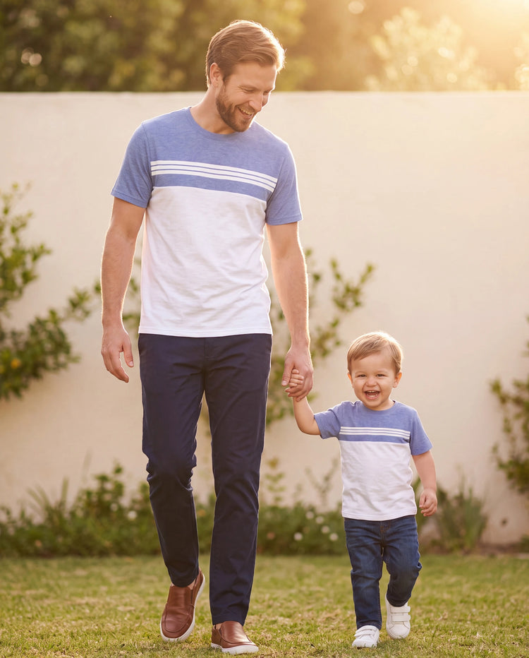 Conjunto casual con fruncido floral para papá e hijo AZULBLANCO