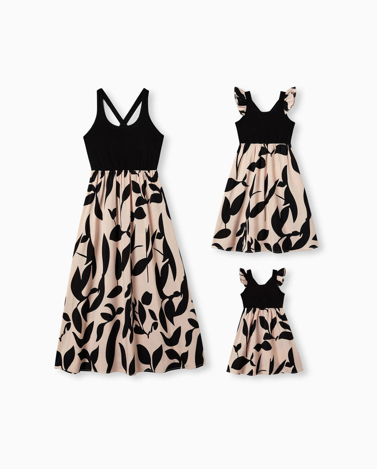 Mommy & me Cross Back Floral Strap Dress and Colorblock Top Sets Black