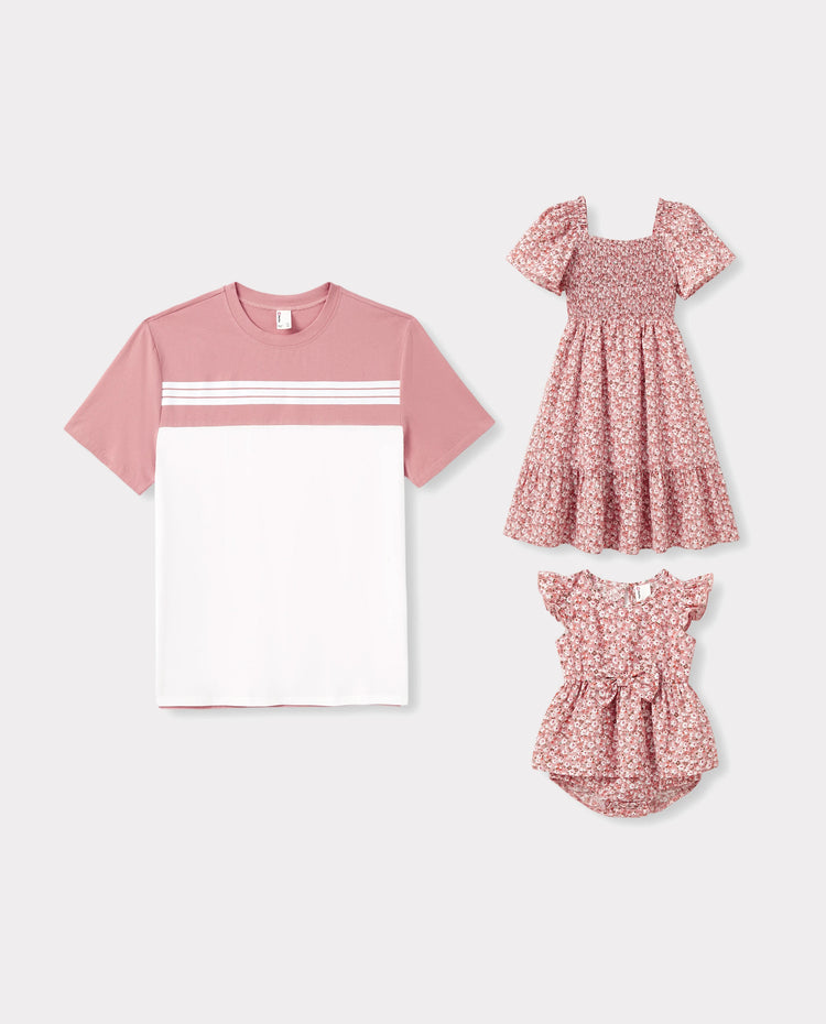 Conjunto de Papá y Hija Camiseta de algodón azul con bloques de color o vestido con fruncido floral y mangas abullonadas Rosa