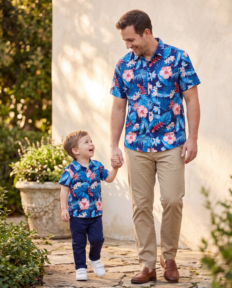 Daddy & Son Vacation Set Tropical Floral Print Shirt or Halter Dresses for Dad, Mom, Kids & Baby, Perfect for Summer Holidays & Family Photos Deep Blue