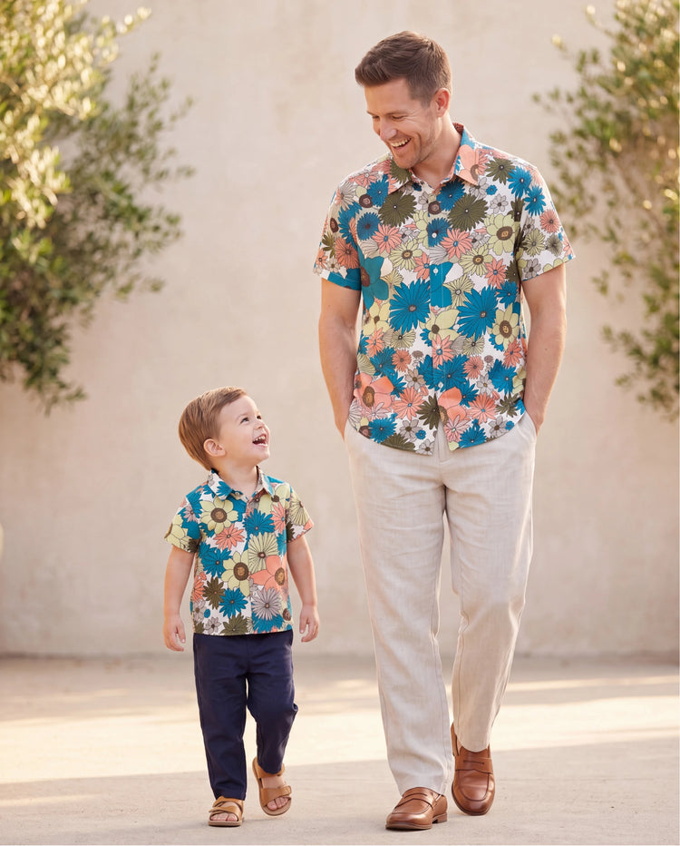 Daddy & Son Set Sun Flower Print Short-sleeve Collar Shirt for Summer Vacation Multi-color