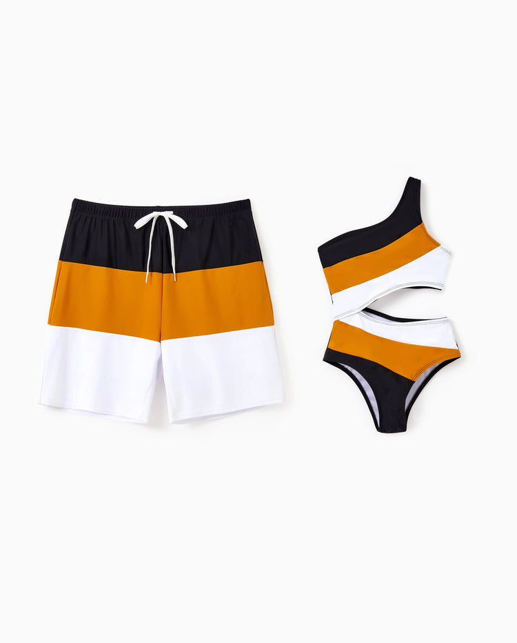 Daddy & Daughter Colorblock Swim Trunks Shorts or Cut Out Waist One-Shoulder One-piece Swimsuit Multi-color