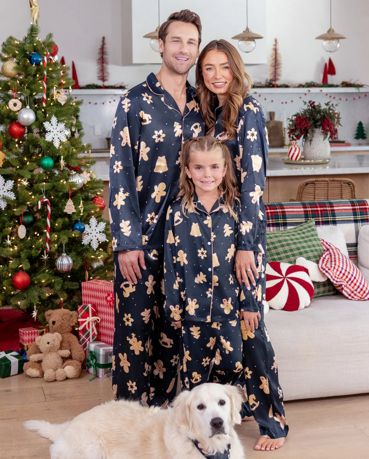 Christmas Matching Family Satin Pajamas Gingerbread Print Navy