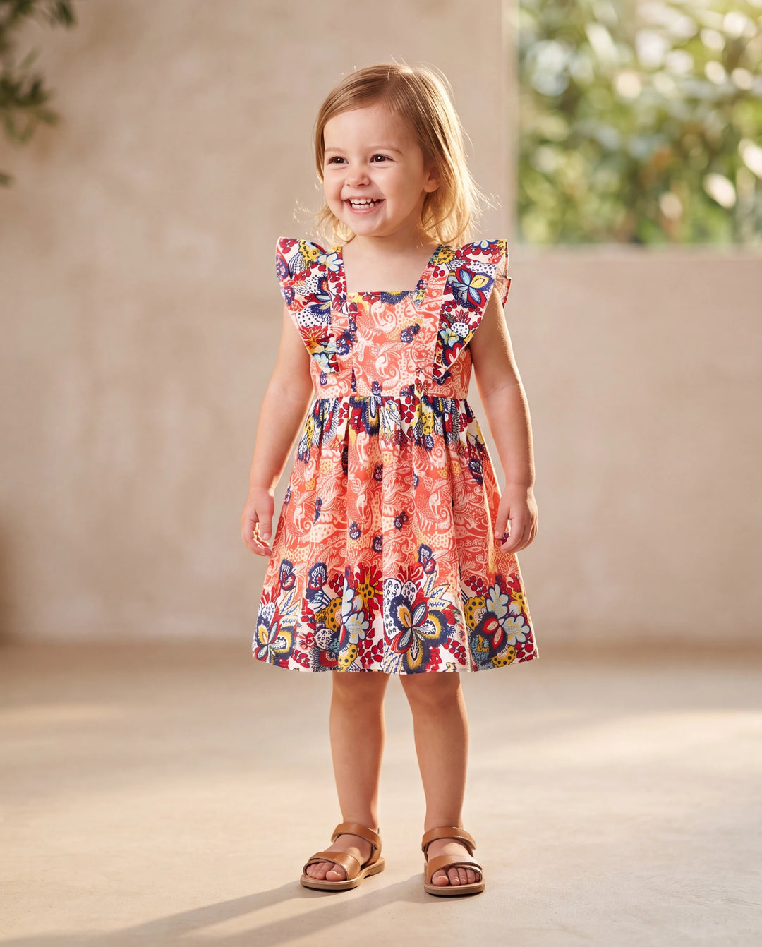 Toddler/Kid Girl Floral Print Flutter Sleeveless Dress Orange red
