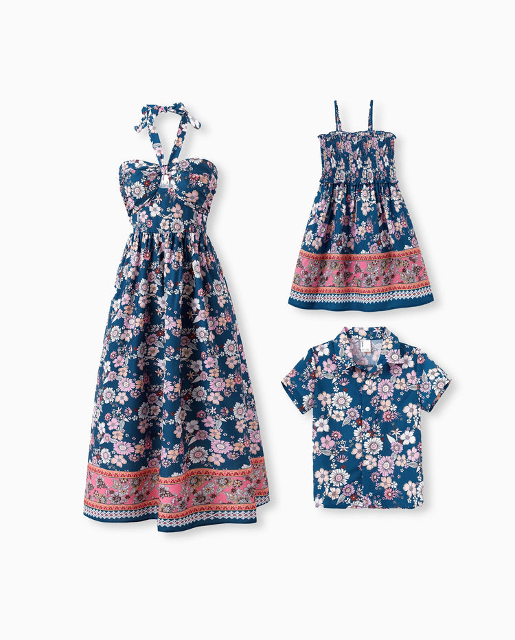 Tenues Maman & moi Chemise à col à manches courtes imprimé floral intégral ou robe sans manches à nouer pour les vacances d'été CYAN-