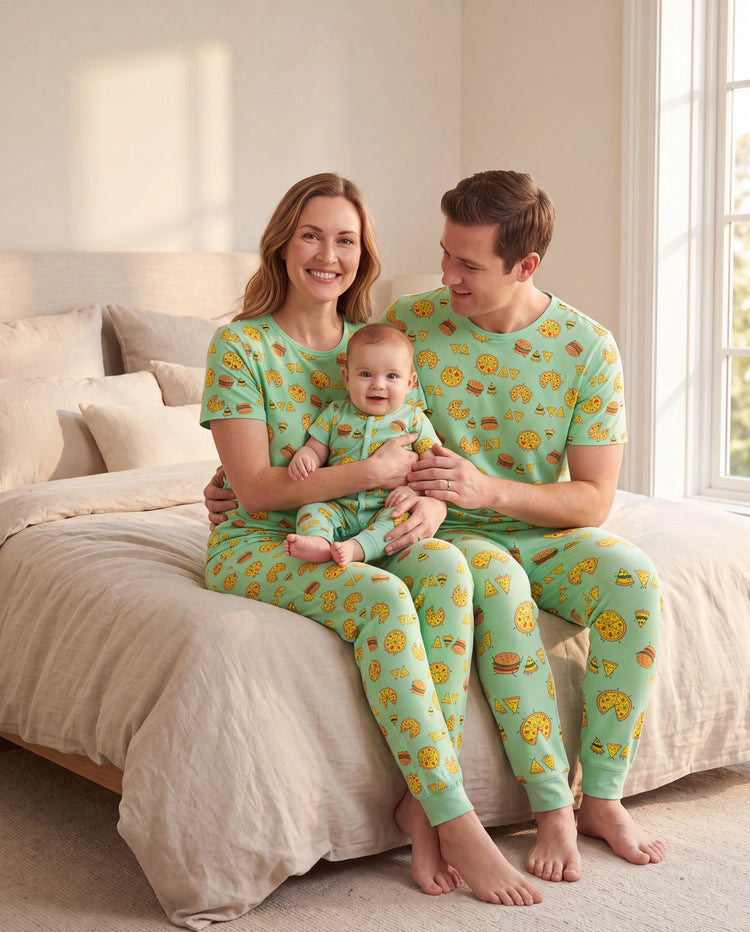 Pyjamas famille bambou vert menthe Papa & Fils Ensemble pyjama assorti à manches courtes et pantalon long à thème nourriture mignonne (ajusté pour enfants) Bleu clair