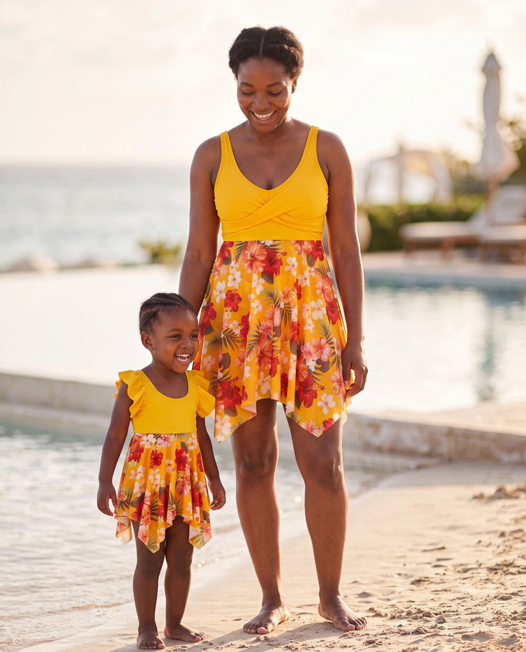 Mommy & me Floral Drawstring Flowy Spliced Mesh Swim Dress with Triangle Swim Bottom Yellow