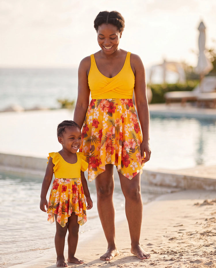 Mommy & me Floral Drawstring Flowy Spliced Mesh Swim Dress with Triangle Swim Bottom Yellow