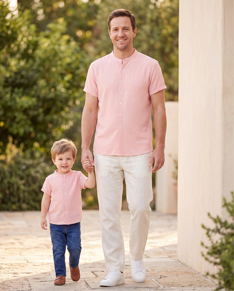 Conjuntos rosas para papá e hijo, camisas de color sólido para papá e hijo, perfectas para salidas familiares y fotos de verano