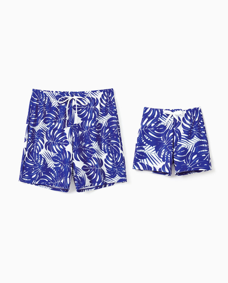 Daddy & Sohn Tropischer Blattdruck Badeshorts Blau