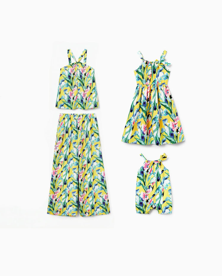 Maman et moi Tenues décontractées Top camisole imprimé floral et pantalon large pour maman Robe à bretelles pour fille, body pour bébé fille jaune