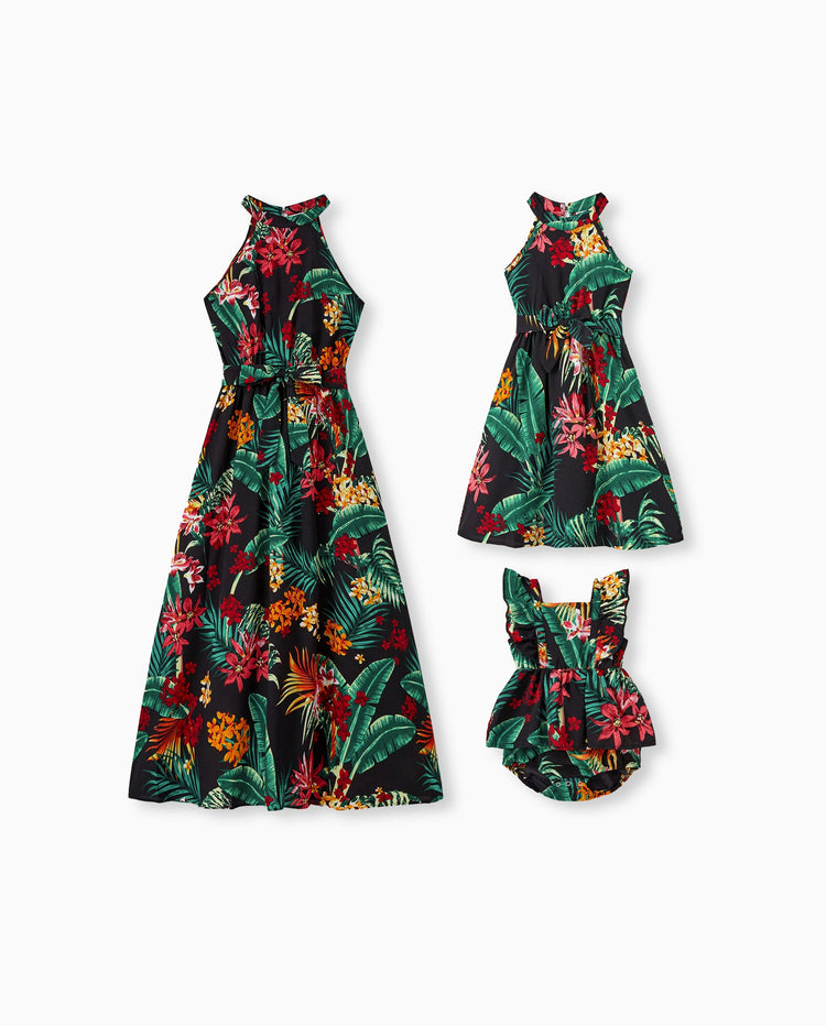 Conjuntos familiares a juego para mamá y yo Vestidos halter con estampado floral de plantas por completo y conjuntos de camisas de manga corta Negro