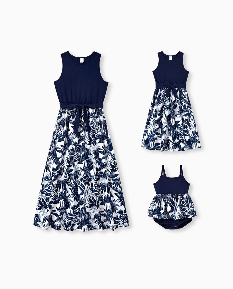 Conjunto familiar a juego para mamá y yo: camiseta de algodón con estampado floral o vestido tipo tank azul profundo