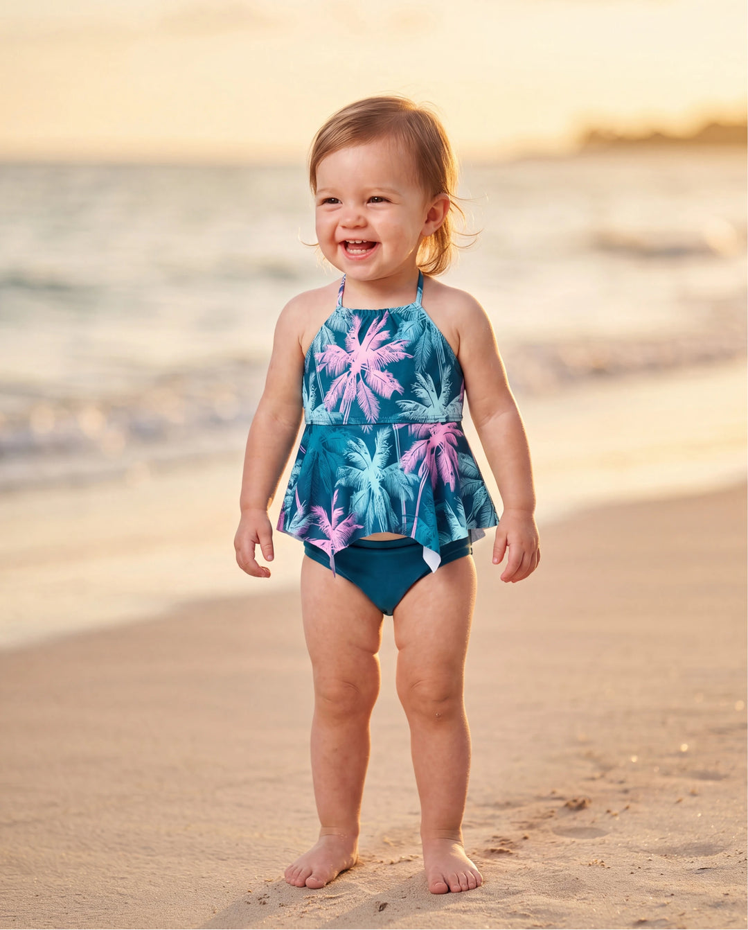 Bañador de dos piezas con volantes y estampado de palmeras tropicales para niña pequeña, ropa de baño para vacaciones en la playa Turquesa