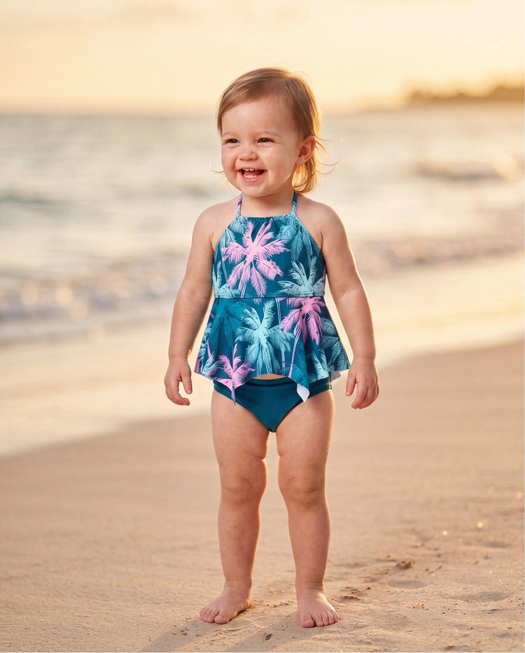 Bañador de dos piezas con volantes y estampado de palmeras tropicales para niña pequeña, ropa de baño para vacaciones en la playa Turquesa