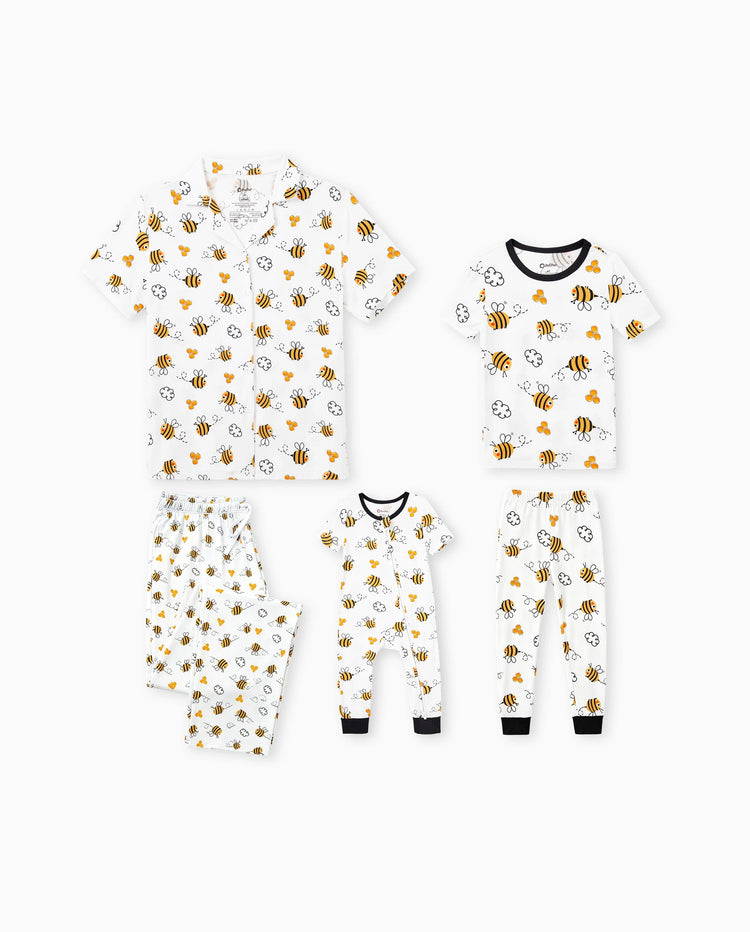 Mommy & me Bamboo Pajamas Soft Bamboo Viscose PJs for Men Women Kids Toddler, Cute Bee Print Sleepwear with Short Sleeve Top and Long Pants White