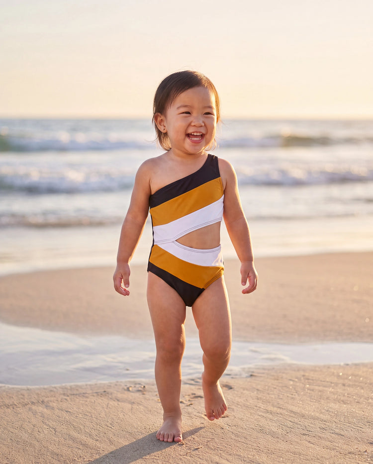 Toddler Girl Colorblock Cut Out Waist One-Shoulder One-piece Swimsuit Multi-color